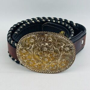 Crumrine Floral Silver Nickel Buckle Simco Saddles‎ Brown Leather Belt Waist 30